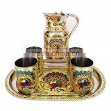 ROYAL PEACOCK Designed MEENAKARI Decorated Stainless Steel JUG/POT With Matching TRAY & 6-GLASSES - G.M. thumbnail-2