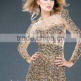 Stunning Long Sleeve Gold Sexy Crystal Beaded Dress Fashion thumbnail-2