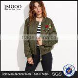 Olive Green Patch Bomber Jacket Wholesale Custom 100% Polyester Lovely Pins Ribbed Trim Satin Winter Jacket thumbnail-6