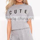 Cheap Price Custom Logo Print Ladies Pajamas Short Pyjama Summer Grey Loungwear Set thumbnail-3