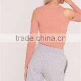 Women Silm Fit Plain Long Sleeve Knitwear High Collar Plain Sweater Cold Shoulder Knitted Crop Top Orange thumbnail-2