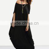 Black One Shoulder Dolman Sleeve Maxi Dress 100% Cotton Casual Batwing Sleeve Shift T Shirt Dress thumbnail-3