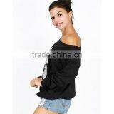 Bulk Wholesale Black Asymmetrical Shoulder Screen Printing Sweatshirt for Ladies thumbnail-5