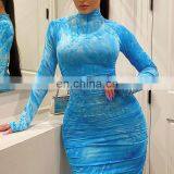 Women's Long Sleeve Dress Tie-dye Floral Print Bodycon Front Zipper Up Dress thumbnail-2