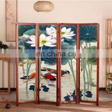 4 Panel Freestanding Room Divider With Asian Calligraphy Artwork Design