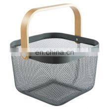 New Manufacture Hot Selling Popular Metal WireIron Big Size White Picnic Fruit Basket With Wood Handle Home Kitchen Storage thumbnail-3