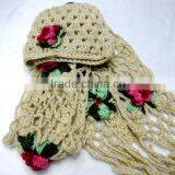 Hot Selling Beautiful Knitted Girl's Winter Colorful Hat and Scarf With Flowers Set