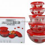 Glass Bowl Set With Red Lids thumbnail-1