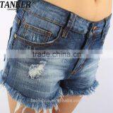 S1568 Sexy Hot Girls Dark Wash Flared Ripped Denim Mini Shorts With Bottom Hem Fringes Pants thumbnail-4