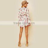 Plunging v Neck Cinched Waist Rose Floral Printed Long Sleeve Short Dress thumbnail-4