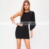 Round Neck One Shoulder Bat Sleeve Pink Women Short Bodycon Dress thumbnail-6