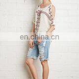 2016 Sexy Women Short Sleeve Embroidered White Shirts thumbnail-5
