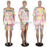Wholesale Women Tie Dye and Printing 2 Two Piece Bodycon Outfit T Shirt and Short Sets thumbnail-6
