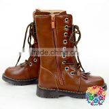 Wholesale Toddler Girls Round Toe Brown Leather Fashion Combat Boots