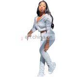 Custom Logo Women Knitted Zip up Hoodie and Stacked 2 Piece Stacked Legging Outfit Sets thumbnail-6