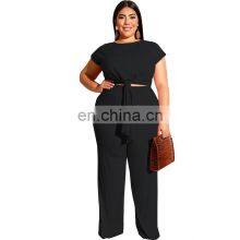 Solid Color Plus Size Short Sleeve Plus Size Two Piece Women Pant Sets New Fashion thumbnail-3
