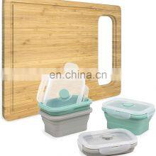 Bamboo Cutting Board, With 4 Collapsible Silicone Food Storage Containers and Lids for Storage thumbnail-1
