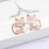 New Pure Gold Plate Cute Kitten Sweet Opal Cat Bowknot Stud Earrings thumbnail-4