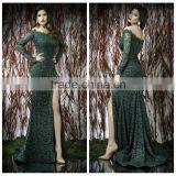 2014 Sexy Side Slit Green Long Sleeve Velvet Prom Dress thumbnail-1