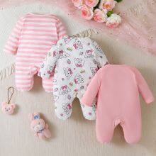 3pcs Newborn Baby's Solid Color/Cartoon Bowknot Dog Print Long Sleeve Footie, Toddler & Infant Girl's Comfy Footed Romper For Spring Fall thumbnail-2
