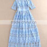 2016 Summer Dresses Brand Runway Lace hollow out Mid-Calf Blue / White Elegant Lace Dress High quality