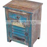 ANTIQUE WOOD DISTRESSED BED SIDE CABINET , RECLAIMED WOODEN BED SIDE