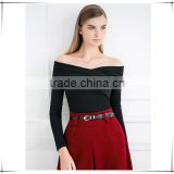 Wine Red Black Long Sleeve Off the Shoulder Cotton T-shirt Wrap Front Slim Fall Casual 2016 Spring Women Silm Tee Top OEM GZ F78
