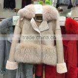 Hot Sale Cool Style Ladies Real Black and Grey Fox Shearing Fur Women Leather Jacket thumbnail-6