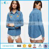 2017 New Style for Denim Shirt Women With Flower Embroidery at Front in Washing Blue Color thumbnail-1
