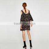 Black Short Sleeve Floral Print Dress, Women Cold Shoulder Summer Dress thumbnail-2