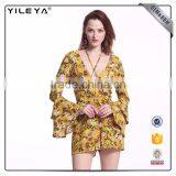 Yellow Flower Printing Woman Floral-Printing Onepiece Jumpsuit