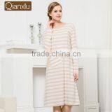 Good Price Qianxiu Wholesale Long Sleeved Stripes Sweet Cute Girl Lady Loose Cotton Nightdress thumbnail-3