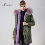 Plus Size Lilac Denim Parka Winter Long Fur Coat With Hood