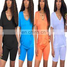 Clothing Manufacturers Custom Logo Women's Plus Size Summer V-neck Casual Sports T-shirt + Shorts Jogging Suit thumbnail-2