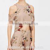 Two Piece Set Women Clothing Floral Print Cold Shoulder Crop Split Top With Shorts thumbnail-5