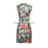 China Supplier Women Woven Garment Factory Ladies' Sleeveless Slim Fit Flora Printed Round-necked Designer One Piece Party Dress thumbnail-3