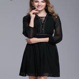 Long Sleeve Double Layers Bandaged Neck Casual Dress thumbnail-1