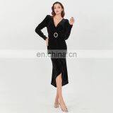 TWOTWINSTYLE Elegant Dresses For Women V Neck Long Sleeve High Waist With Belt Slimming Ruched Patchwork thumbnail-4