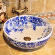 Chinese Hand Painted Art Porcelain Blue Basins Sinks With Butterfly Love Flower Design