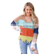 High Quality Winter Colorblock, Distressed Pullover Knit Women Loose Sweater/ thumbnail-4