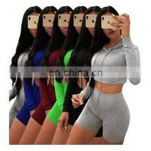 Manufacturer Wholesale Women's Casual Sexy Hooded Shorts Sports Fitness 2-piece Suit Custom Hoodie Crop Top thumbnail-2