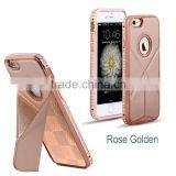 Luxury Plaid Pattern Cowhide Leather Back Cover With Kickstand Diamond Chrome Edged Bumper Hard Case for Iphone6 6plus thumbnail-1