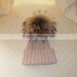 2016/2017 High Quality Winter Knitted Colorful Wool Beanie Hats With Raccoon Fur Pom Poms thumbnail-2
