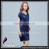 CXVLYQO1 Luxury Women's Pure Silk Skirt Night SNavy Blue Short Sleeve V-neck Pajamas thumbnail-3