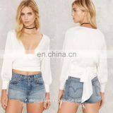 New Style Women Tops and Blouses, 2017 Summer Women Wrap White Blouse thumbnail-1