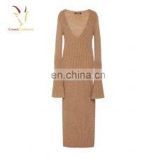 Tan V Neck Cashmere Sweater Dresses for Women thumbnail-4