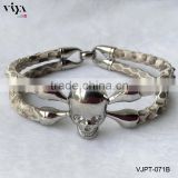 2016 Popular Stainless Steel Skull Bracelet with Double Diamond Eyes Genuine Python Leather Rope Men Bracelet