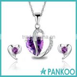 925 sterling silver jewelry set,Leaf Heart Ladies Amethyst Red Pink Blue White Crystal Heart Silver Pendant Necklace + Earring S