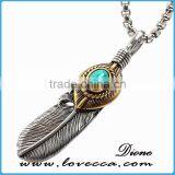 Top Sale Ruby Stone Titanium Steel Skull Feather Necklace Jewelry Mens Turquoise Stone Stainless Steel Feather Pendant thumbnail-2