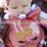 2019 Easter Day Pink Girls Flower Bunny Romper Gold Bow Lace Bodysuits thumbnail-2